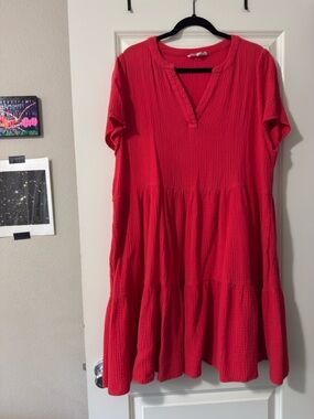 Lucky Brand Women's Coral-Red Short Sleeve Tiered Midi Dress with pockets